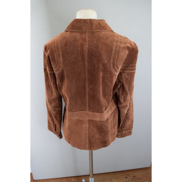 Vtg Wilsons Women Brown Suede Leather Coat Jacket Large 90's Zip Contrast Penny - Picture 4 of 7